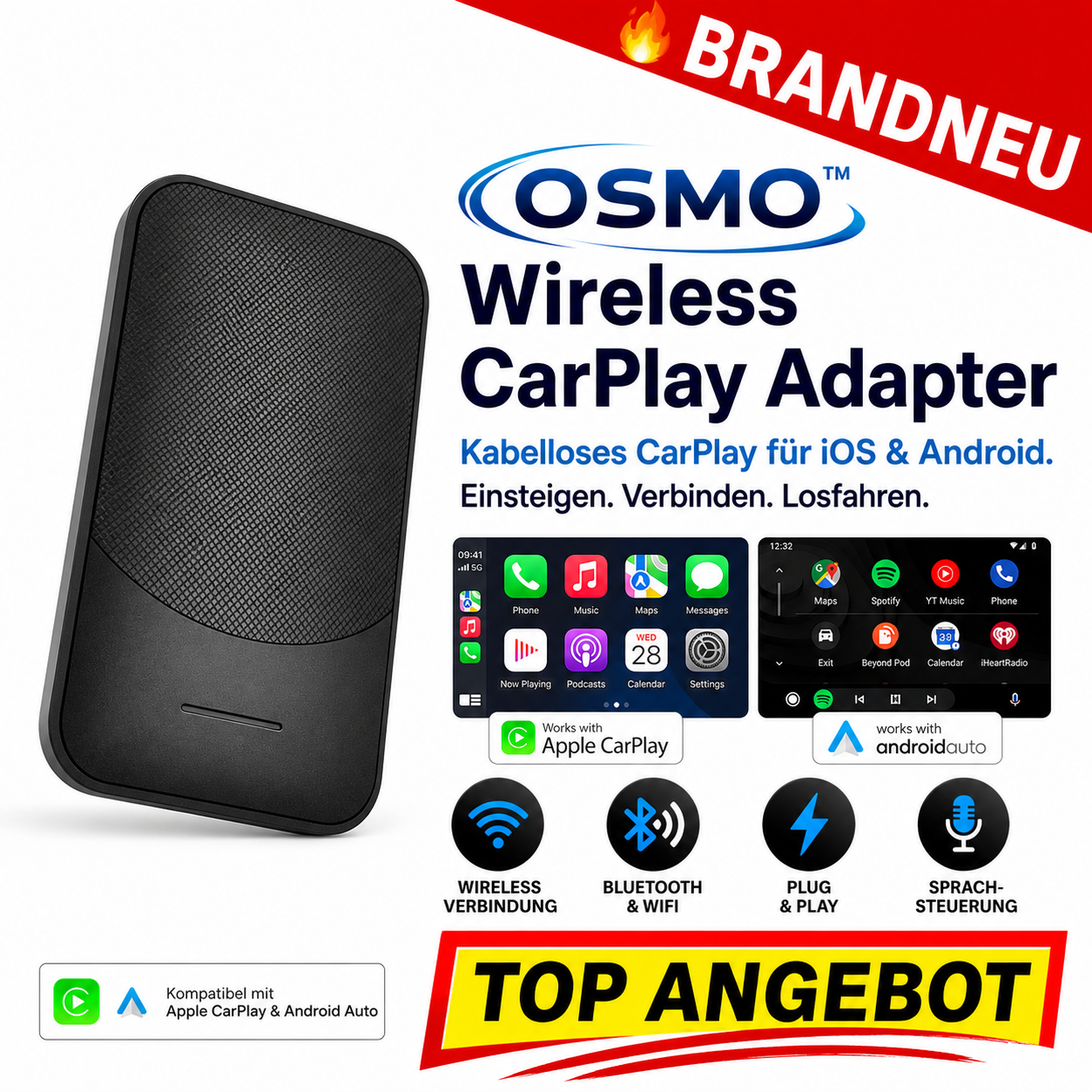 Osmo™ Wireless CarPlay Adapter für iPhone & Android Kabellos USB Plug Play Auto