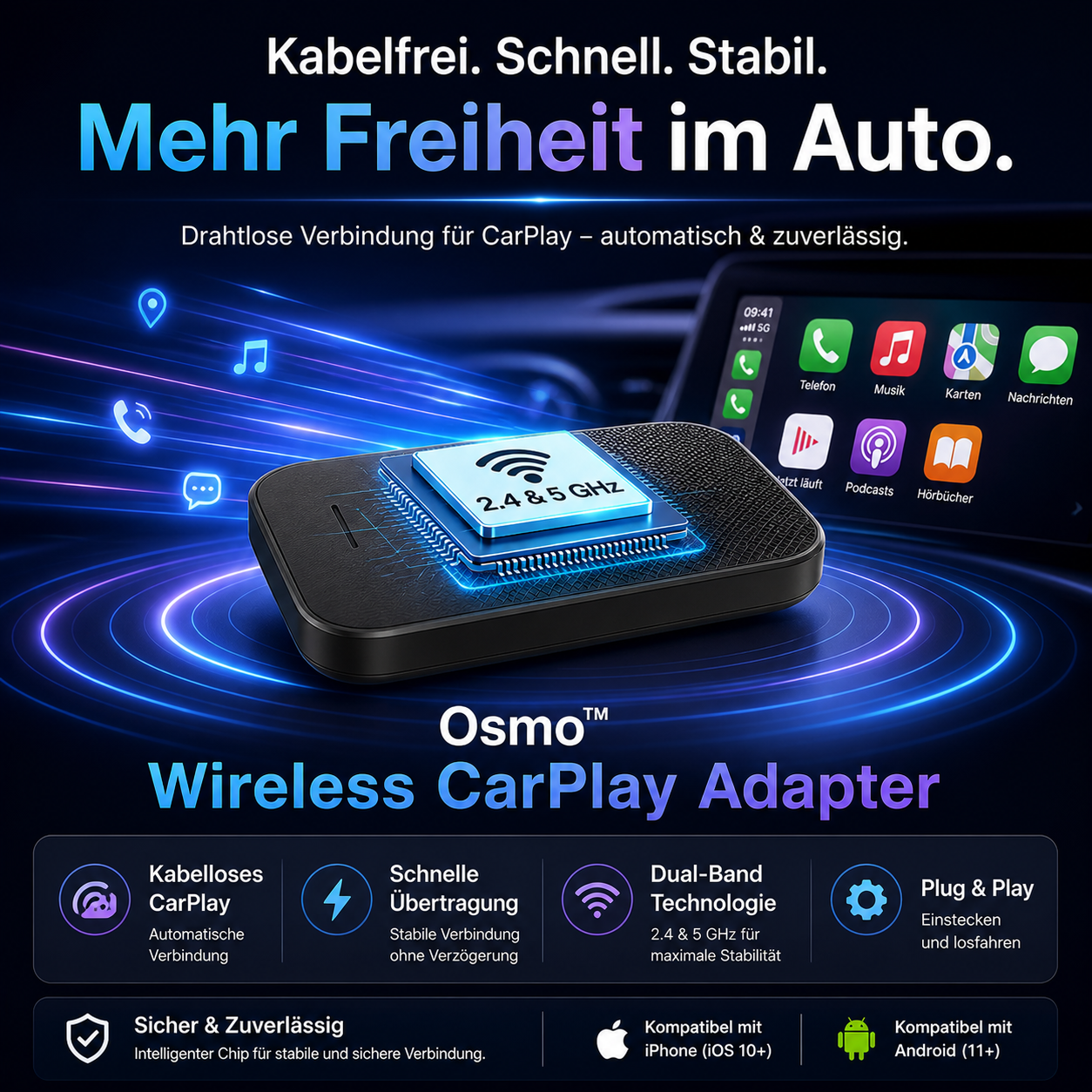 Osmo™ Wireless CarPlay Adapter für iPhone & Android Kabellos USB Plug Play Auto