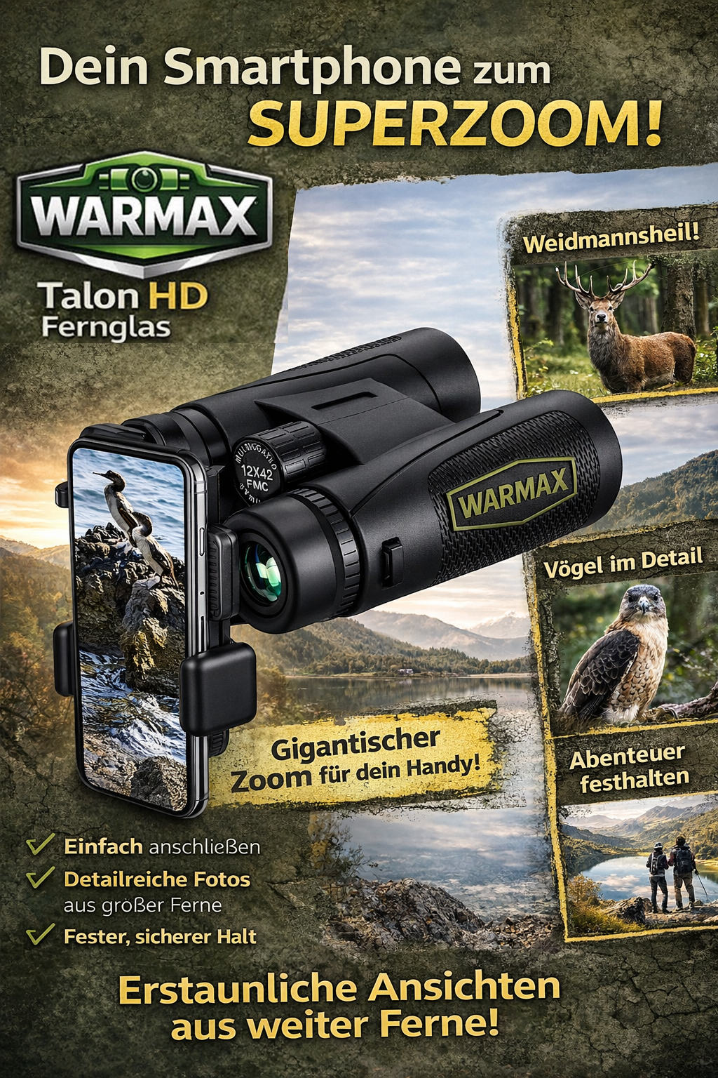 Warmax™ Talon HD Fernglas 12x42 Profi Hochleistungsfernglas für Erwachsene