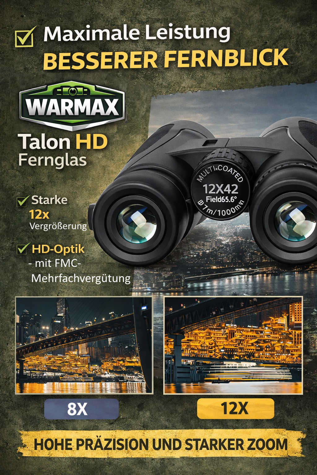 Warmax™ Talon HD Fernglas 12x42 Profi Hochleistungsfernglas für Erwachsene