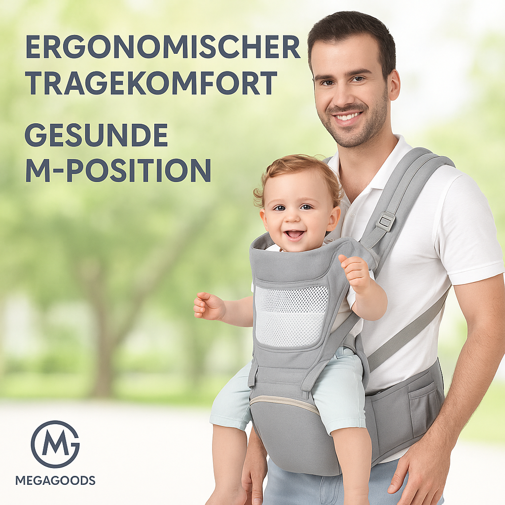 Babytrage ergonomisch mit Hüftsitz Neugeborene bis Kleinkind DE.