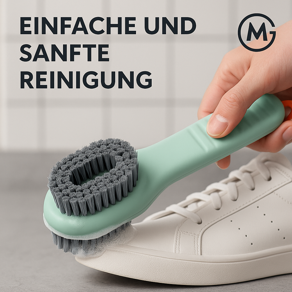 Multifunktionale Schuhbürste mit Seifenspender und langem Griff DE.