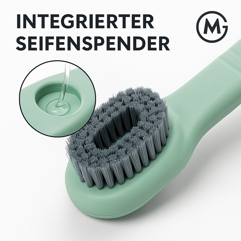 Multifunktionale Schuhbürste mit Seifenspender und langem Griff DE.