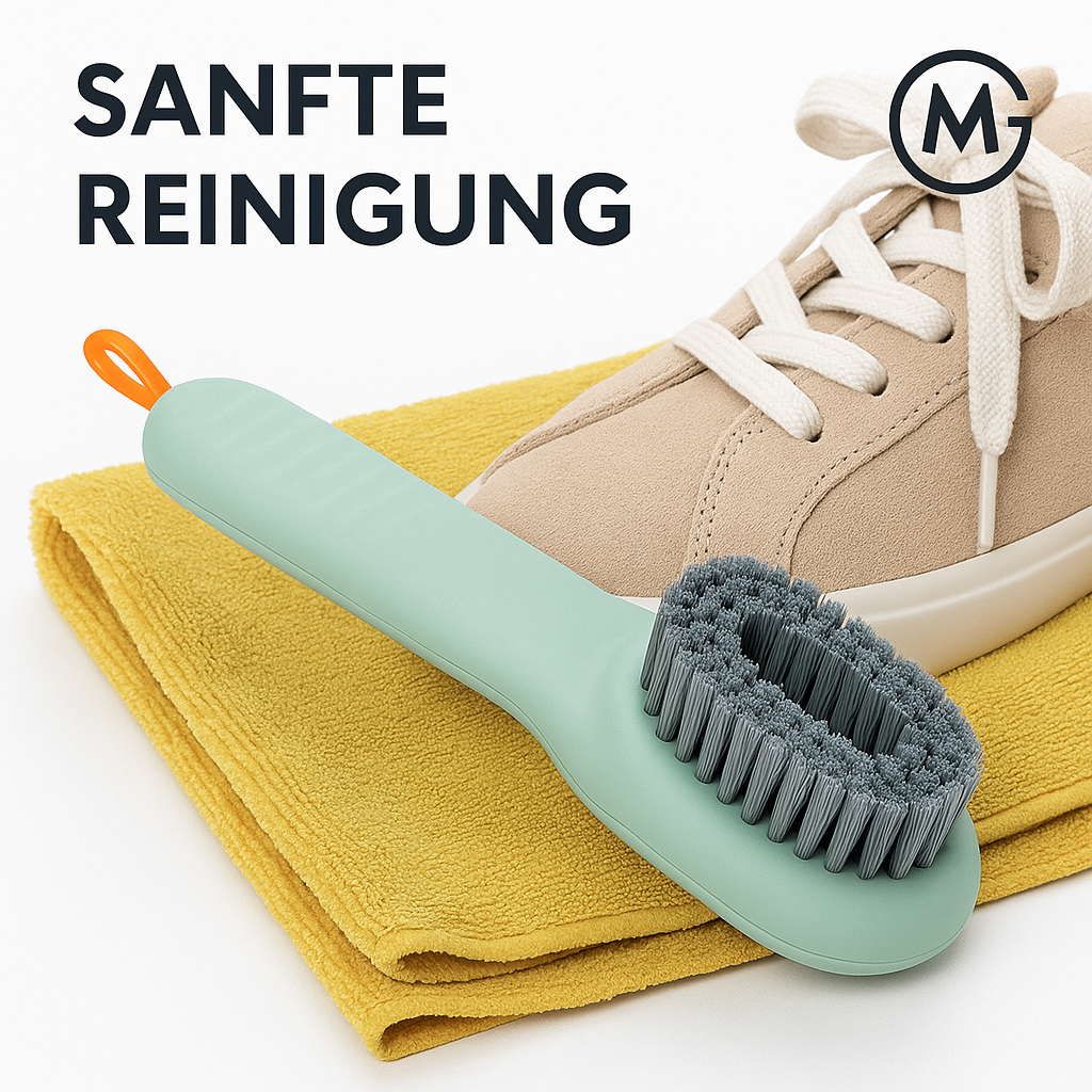 Multifunktionale Schuhbürste mit Seifenspender und langem Griff DE.
