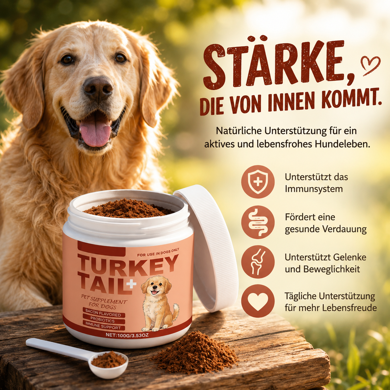 Fellkraft™ Turkey Tail Hunde Probiotika Vitalpilz Immun Darm Bacon Pulver 100g