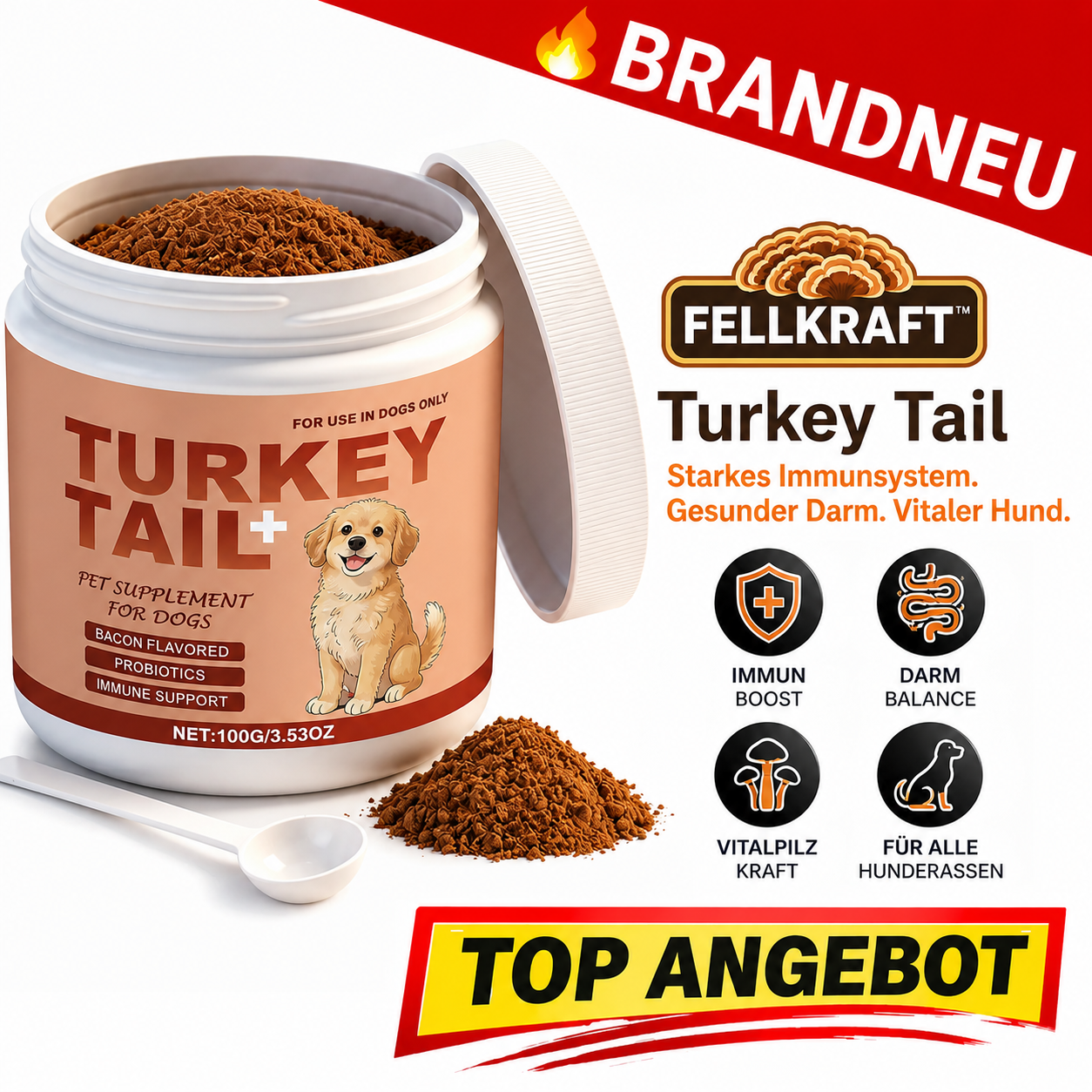 Fellkraft™ Turkey Tail Hunde Probiotika Vitalpilz Immun Darm Bacon Pulver 100g