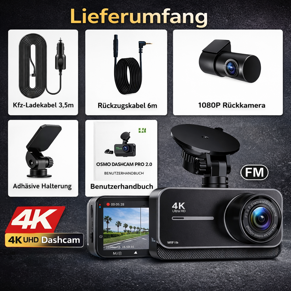 Osmo™ Dashcam Pro 2.0 4K Dashcam mit 1080p Heckkamera WiFi Weitwinkel Nachtsicht