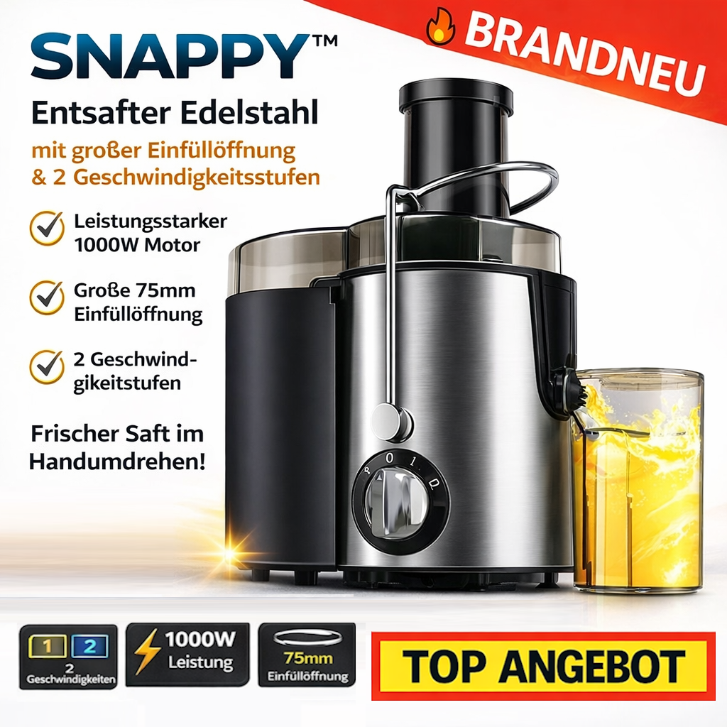 Snappy™ Entsafter Edelstahl mit großer Einfüllöffnung & 2 Geschwindigkeitsstufen