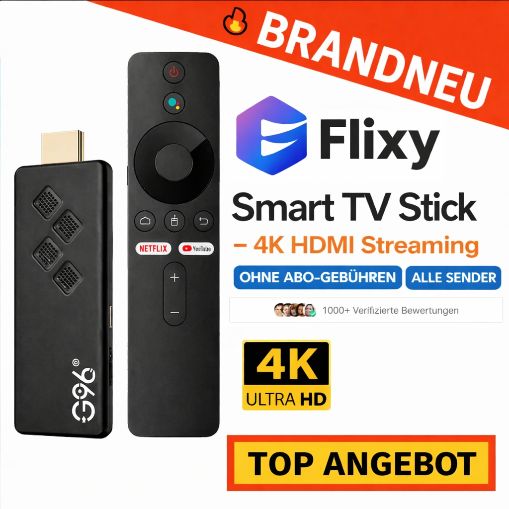 Flixy™ Smart TV Stick - 4K HDMI Streaming | Ohne Abo-Gebühren | Alle Sender