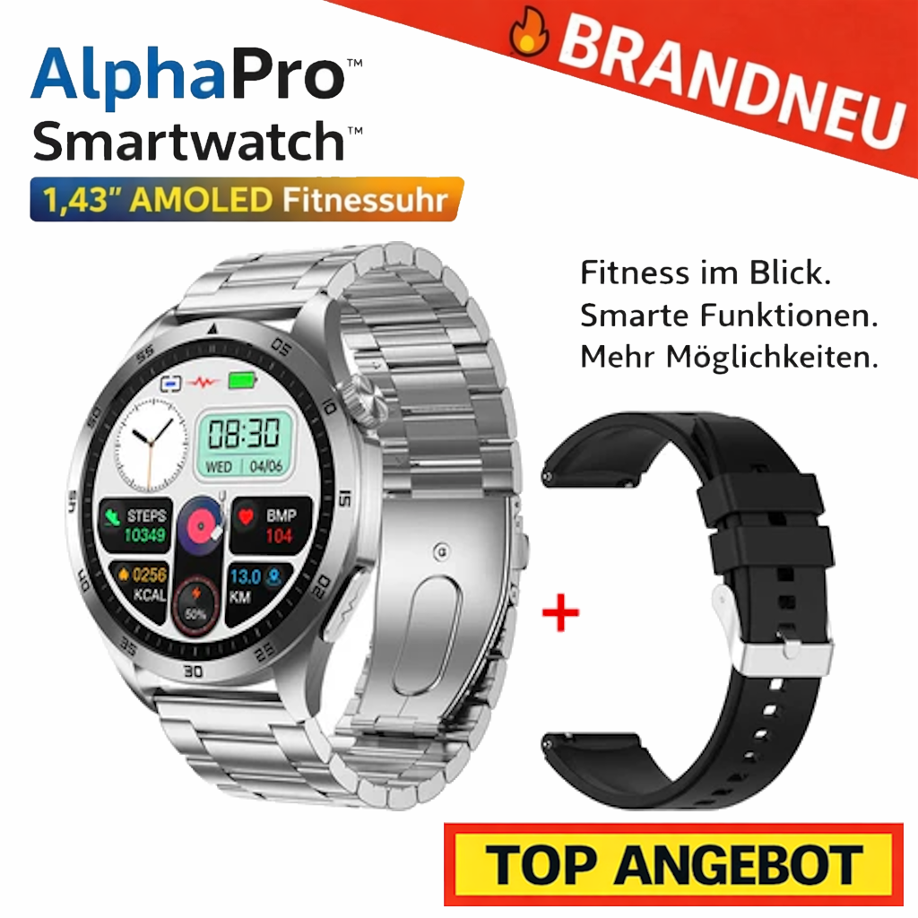AlphaPro™ Smartwatch 1,43" AMOLED Fitnessuhr Herzfrequenz SpO2 Bluetooth