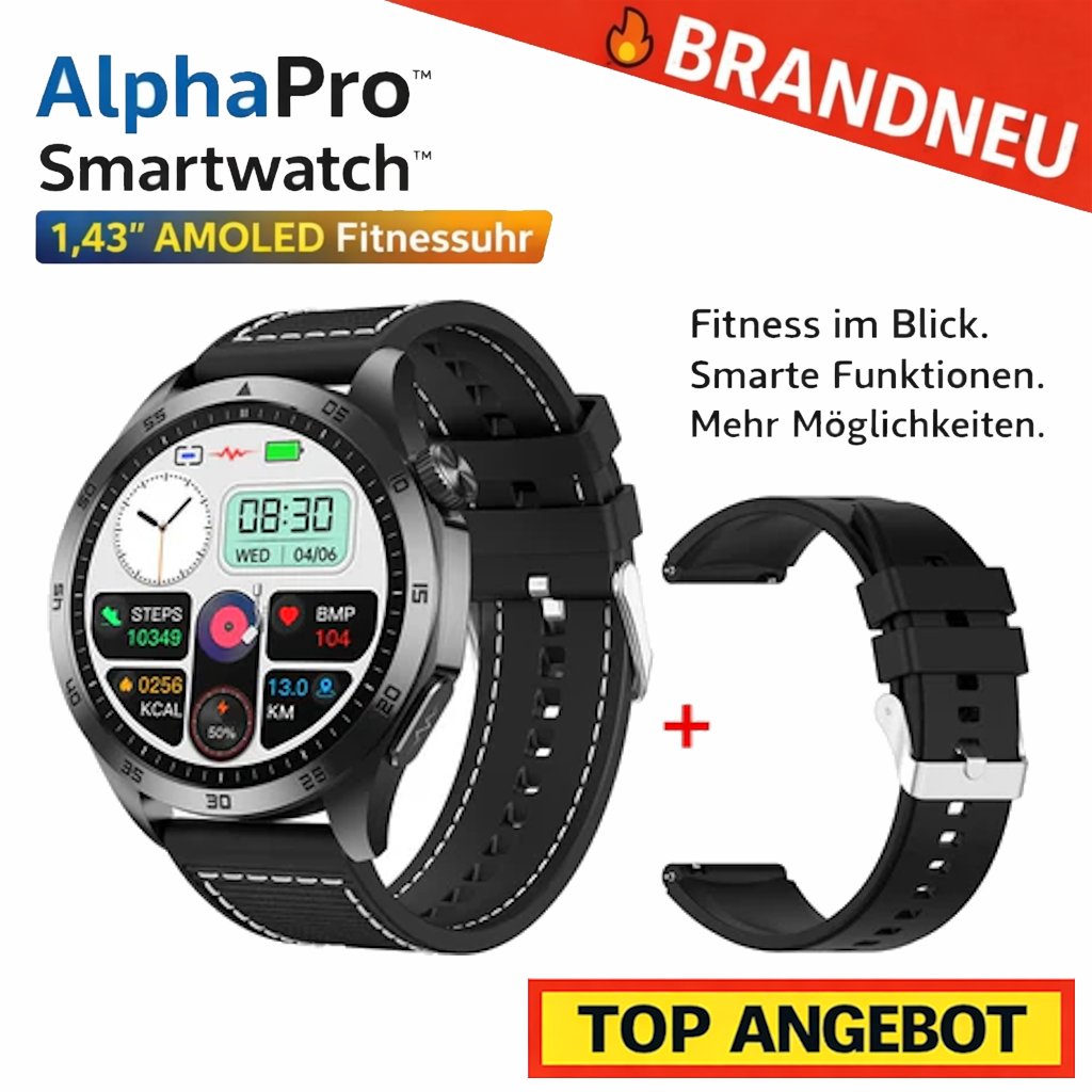 AlphaPro™ Smartwatch 1,43" AMOLED Fitnessuhr Herzfrequenz SpO2 Bluetooth