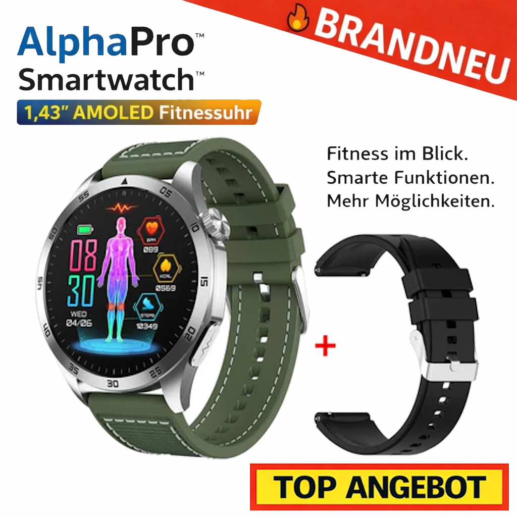 AlphaPro™ Smartwatch 1,43" AMOLED Fitnessuhr Herzfrequenz SpO2 Bluetooth