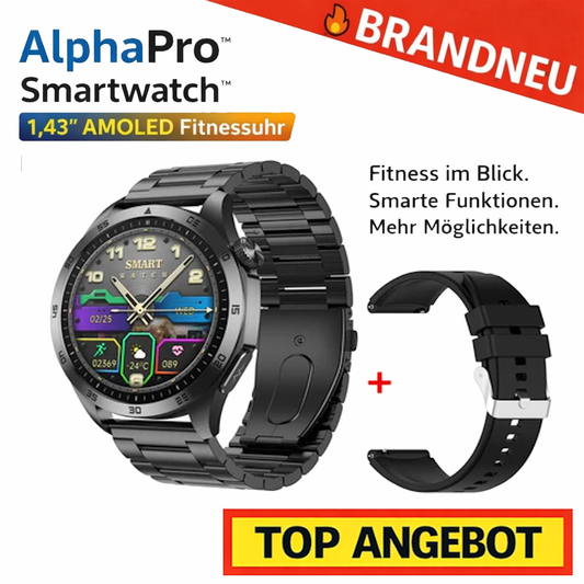 AlphaPro™ Smartwatch 1,43" AMOLED Fitnessuhr Herzfrequenz SpO2 Bluetooth