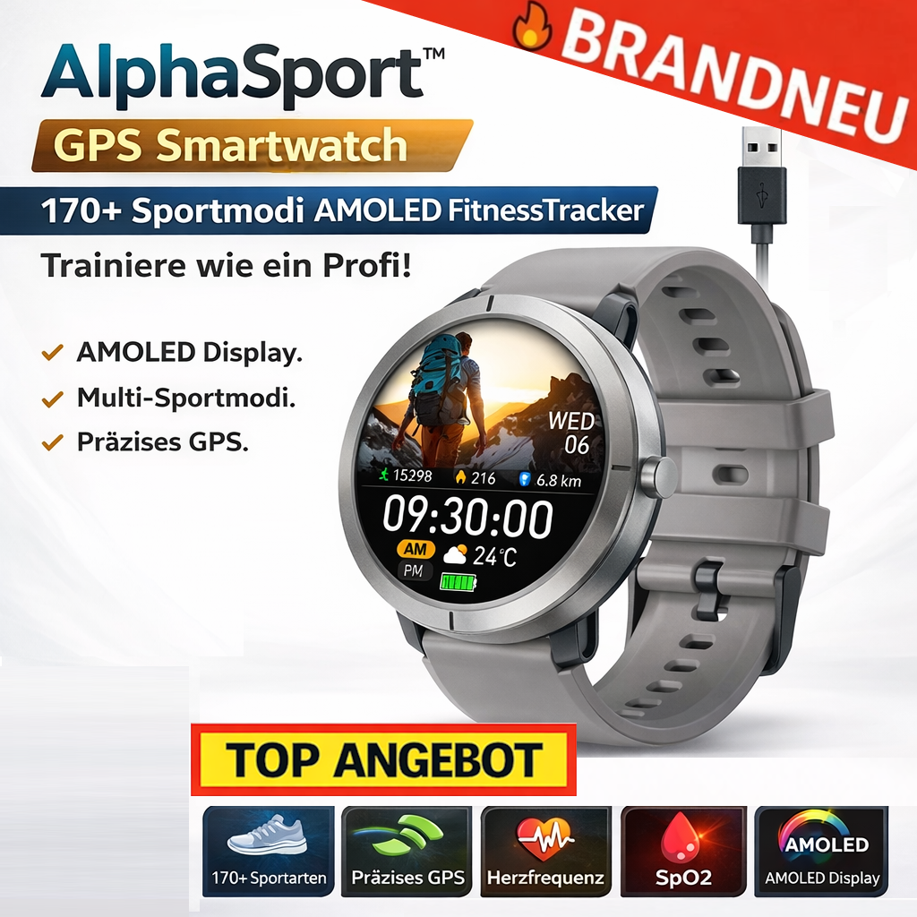 AlphaSport™ Smartwatch GPS 170+Sportmodi AMOLED FitnessTracker Herzfrequenz SpO2