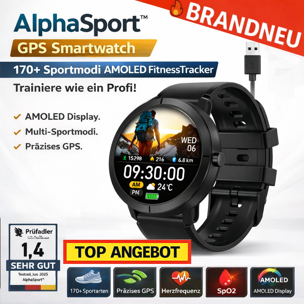 AlphaSport™ Smartwatch GPS 170+Sportmodi AMOLED FitnessTracker Herzfrequenz SpO2