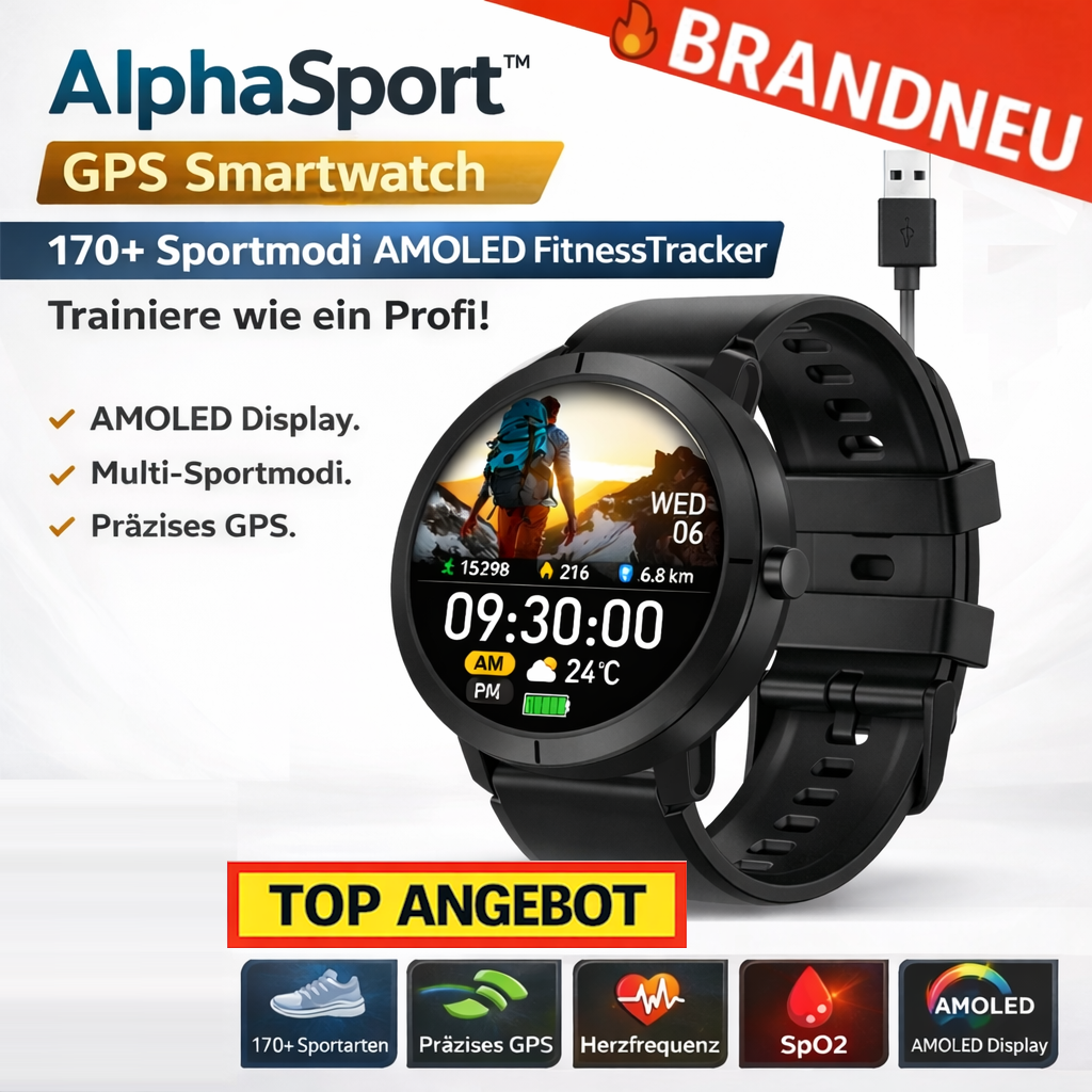 AlphaSport™ Smartwatch GPS 170+Sportmodi AMOLED FitnessTracker Herzfrequenz SpO2