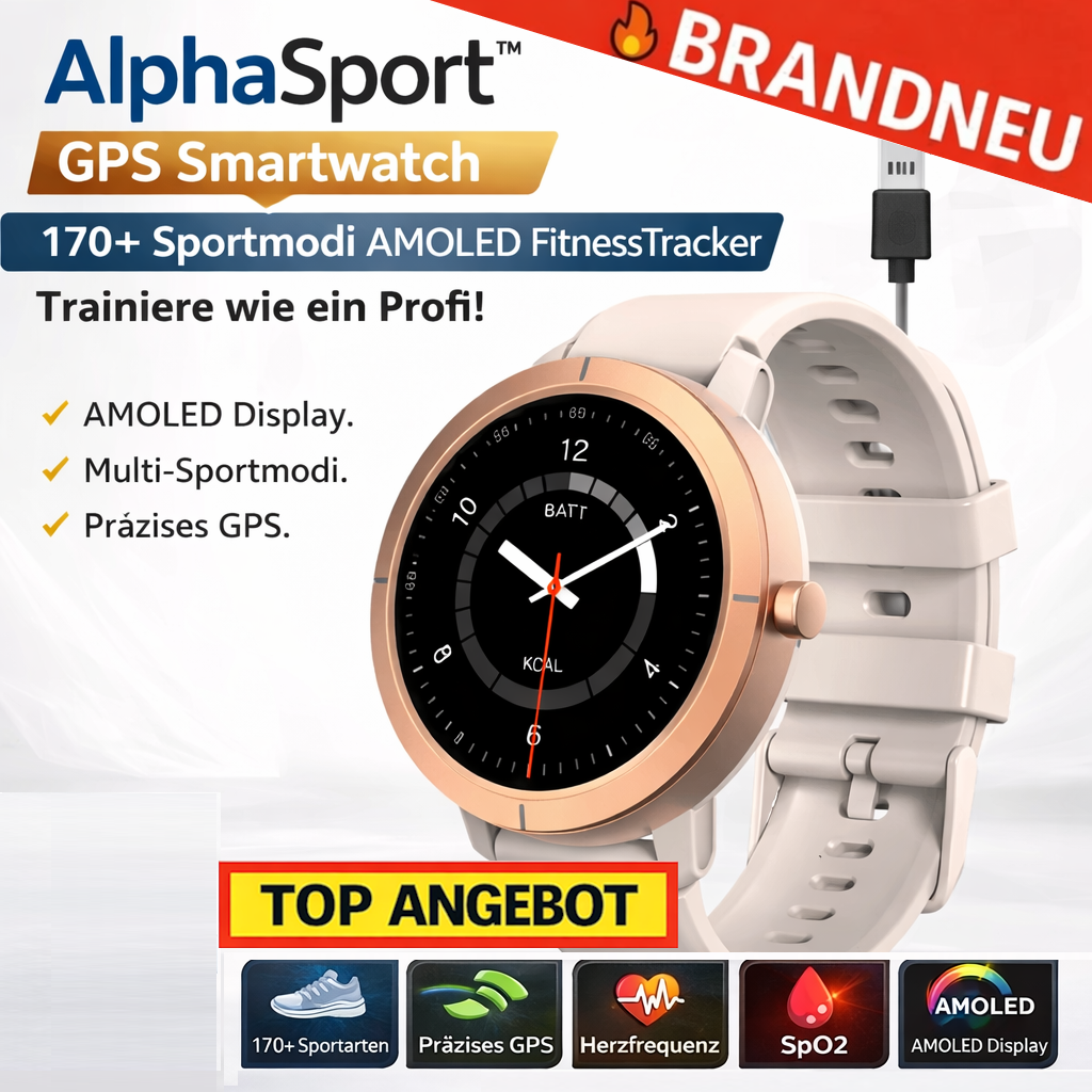 AlphaSport™ Smartwatch GPS 170+Sportmodi AMOLED FitnessTracker Herzfrequenz SpO2