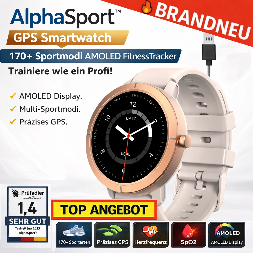 AlphaSport™ Smartwatch GPS 170+Sportmodi AMOLED FitnessTracker Herzfrequenz SpO2