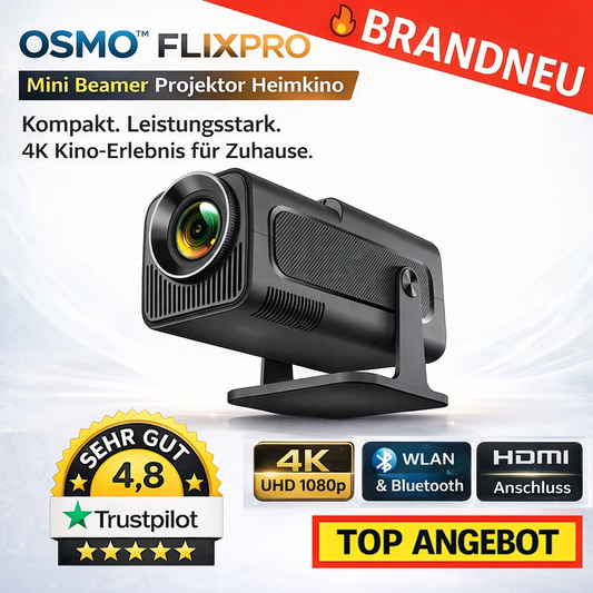 Osmo™ FlixPro Mini Beamer Projektor Heimkino WLAN 6 Bluetooth 4K 1080p LED HDMI
