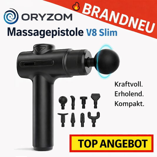 Oryzom™ Massagepistole V8 Slim Massagegerät Tiefengewebe mit Aufsätzen & Akku