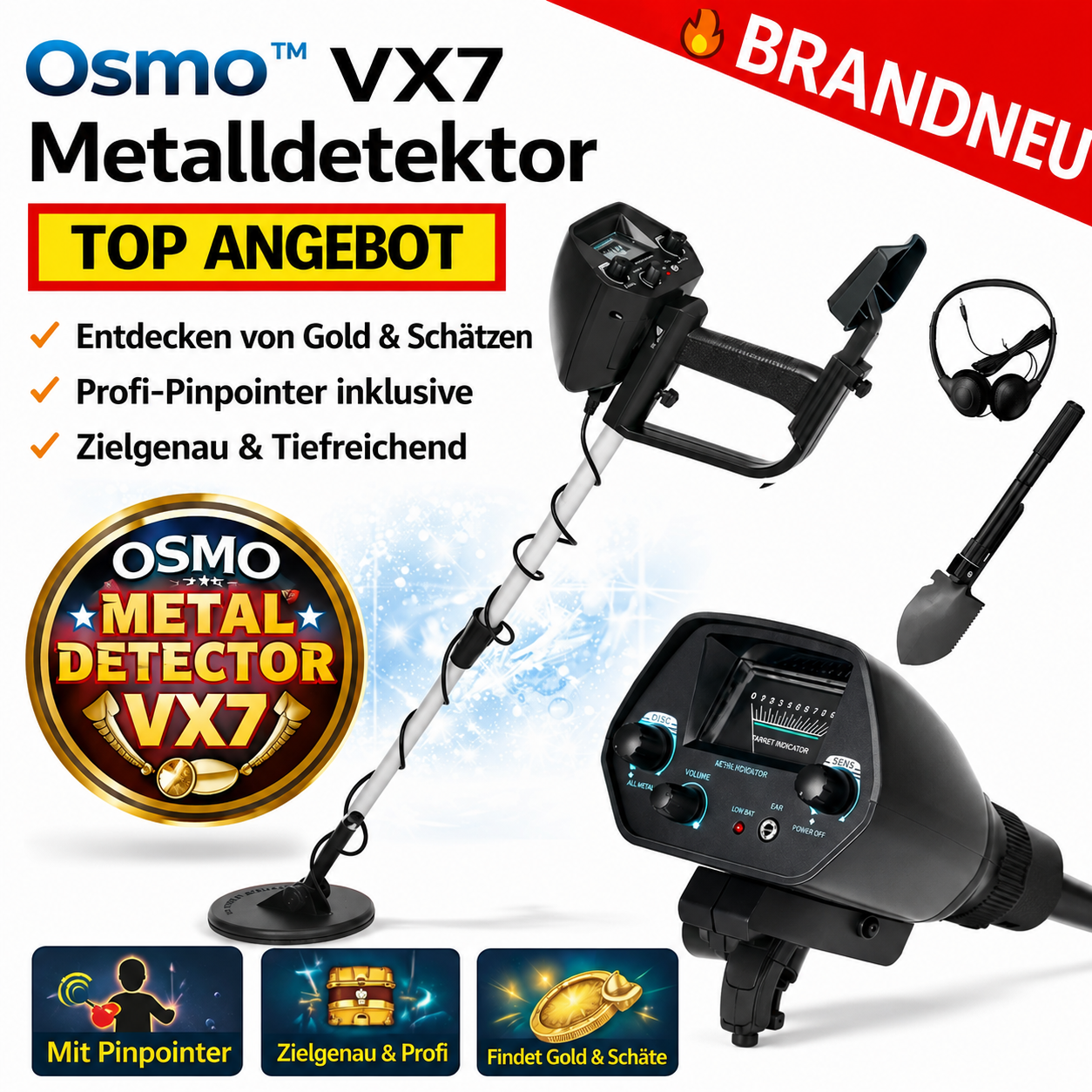 Osmo™ VX7 Metalldetektor Metallsuchgerät Pinpointer Profi Metal Gold Detektor
