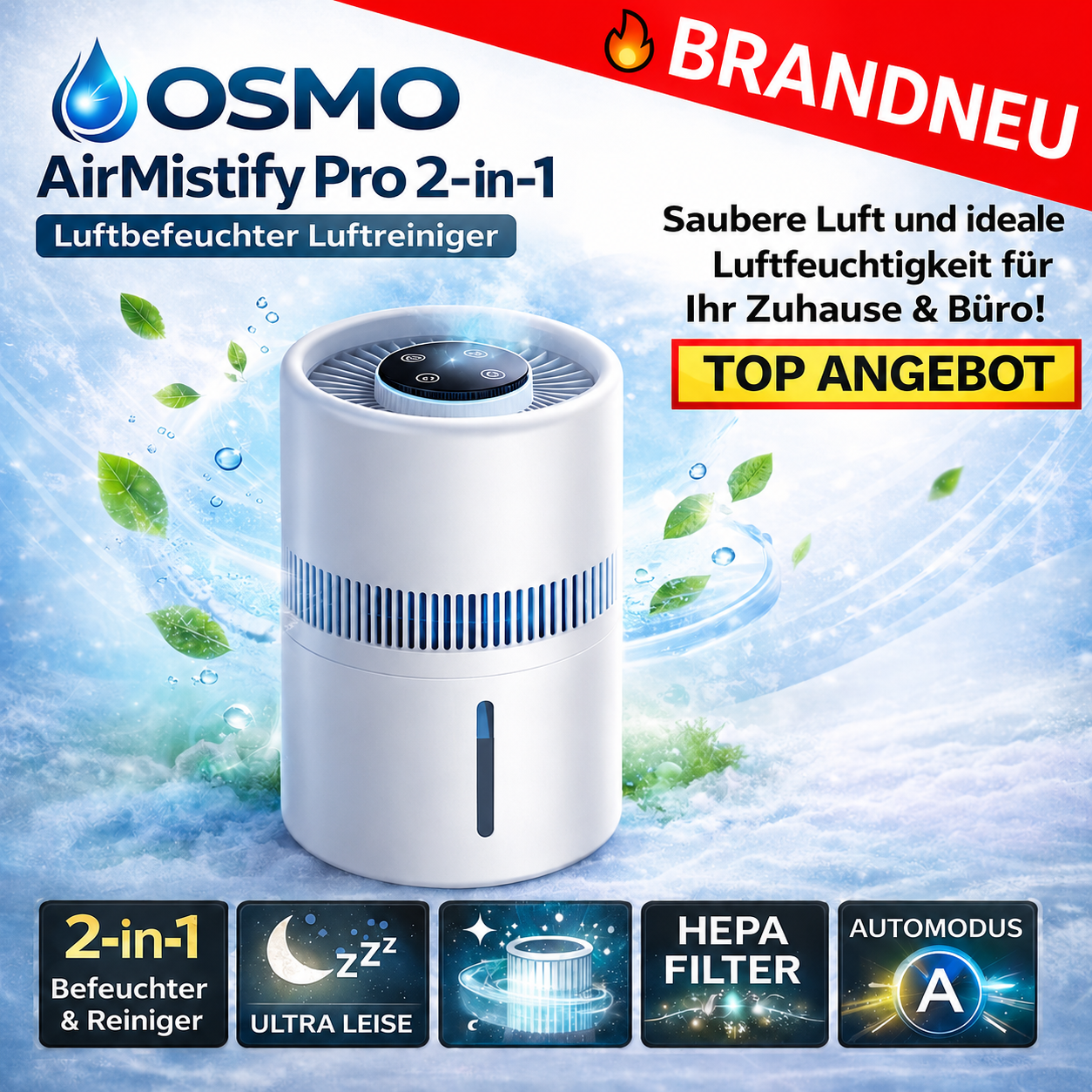 Osmo™ AirMistify Pro 2-in-1 Luftbefeuchter Luftreiniger leise für Zuhause & Büro
