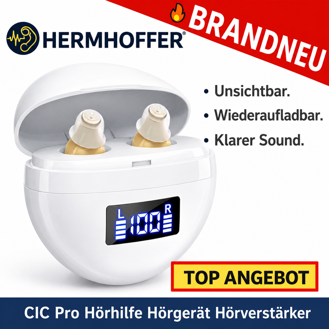 Hermhoffer™ CIC Pro Hörhilfe Hörgerät Hörverstärker unsichtbar wiederaufladbar