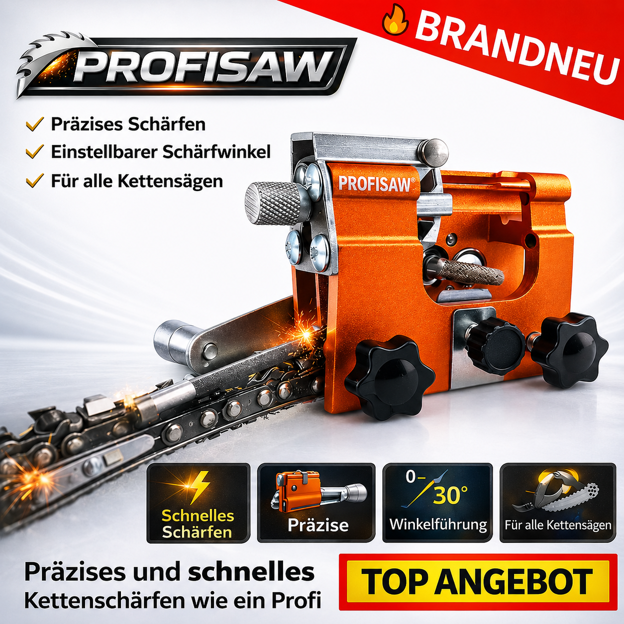 ProfiSaw™ Kettensäge Schärfgerät Kettenschärfer mit Winkelführung das Original!