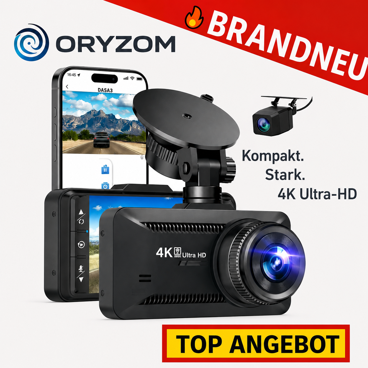 Oryzom™ 4K Dashcam Vorne & Hinten Wifi Nachtsicht Parküberwachung G-Sensor 170°