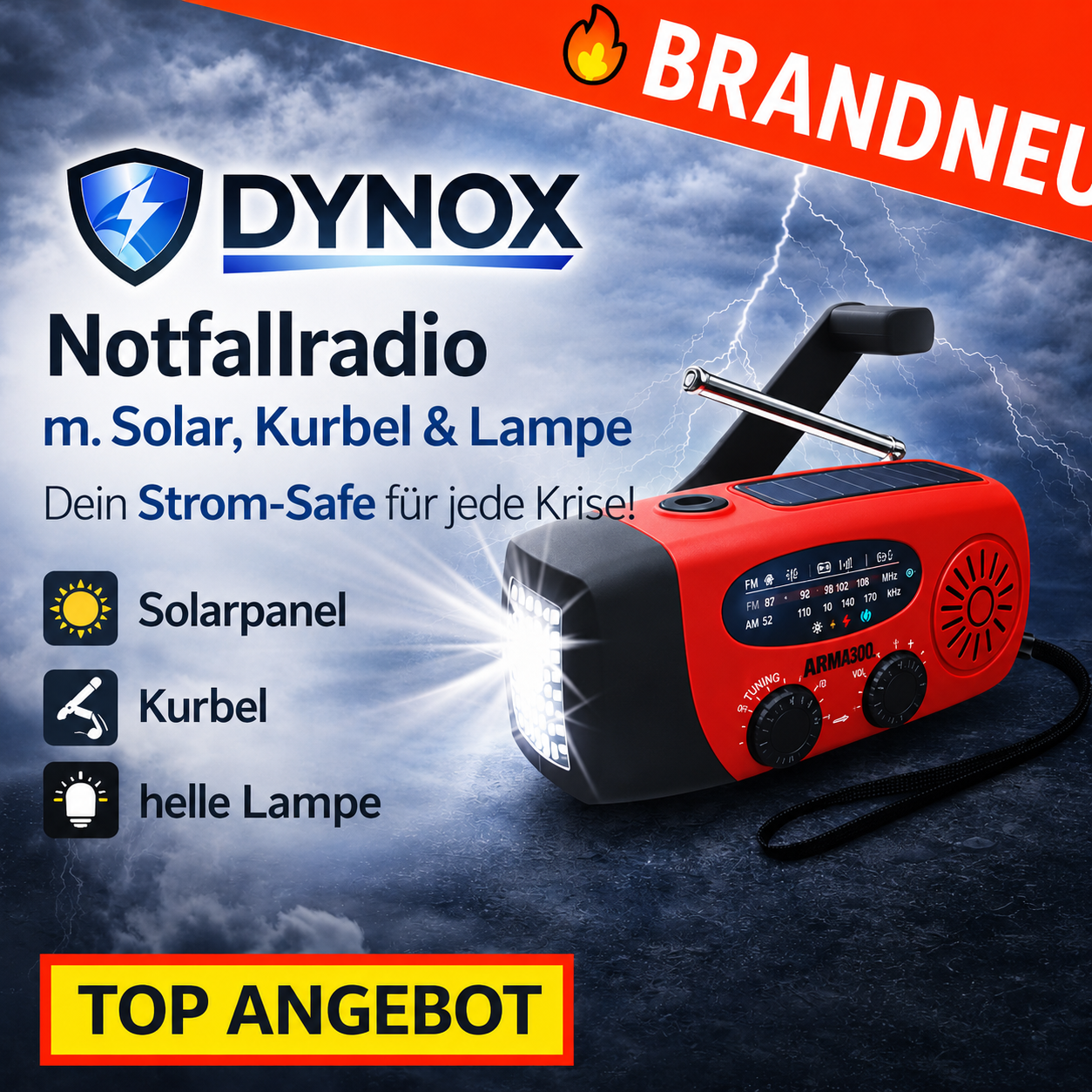 Dynox™ Akku Notfallradio Solar, Kurbel & Lampe - Der Strom Safe für jede Krise!