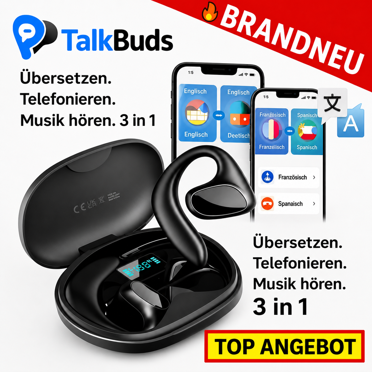 TalkBuds™ AI Kopfhörer Übersetzer 3 in 1 Echtzeit Sprachübersetzer Ohrhörer