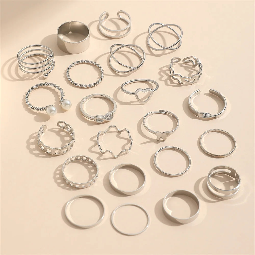 22‑Teile Ring‑Set Modeschmuck Perlen Herz Schmetterling Kreuz Welle Infinity Geometrie