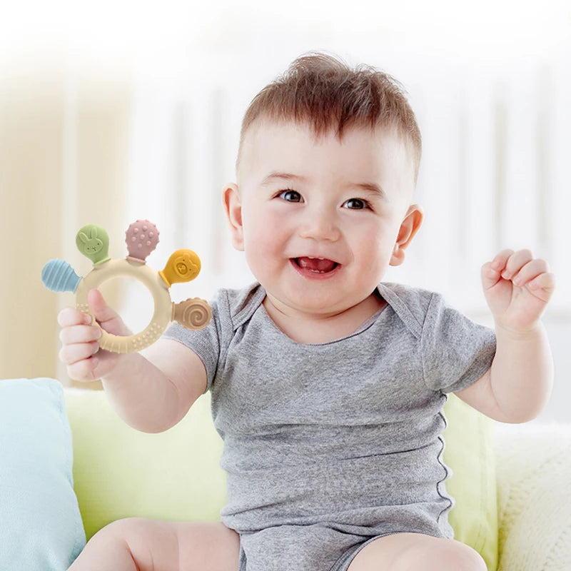 Baby Beißring Silikon Multicolor Greifring 0-12M Zahnungshilfe Sensorik Spielzeug