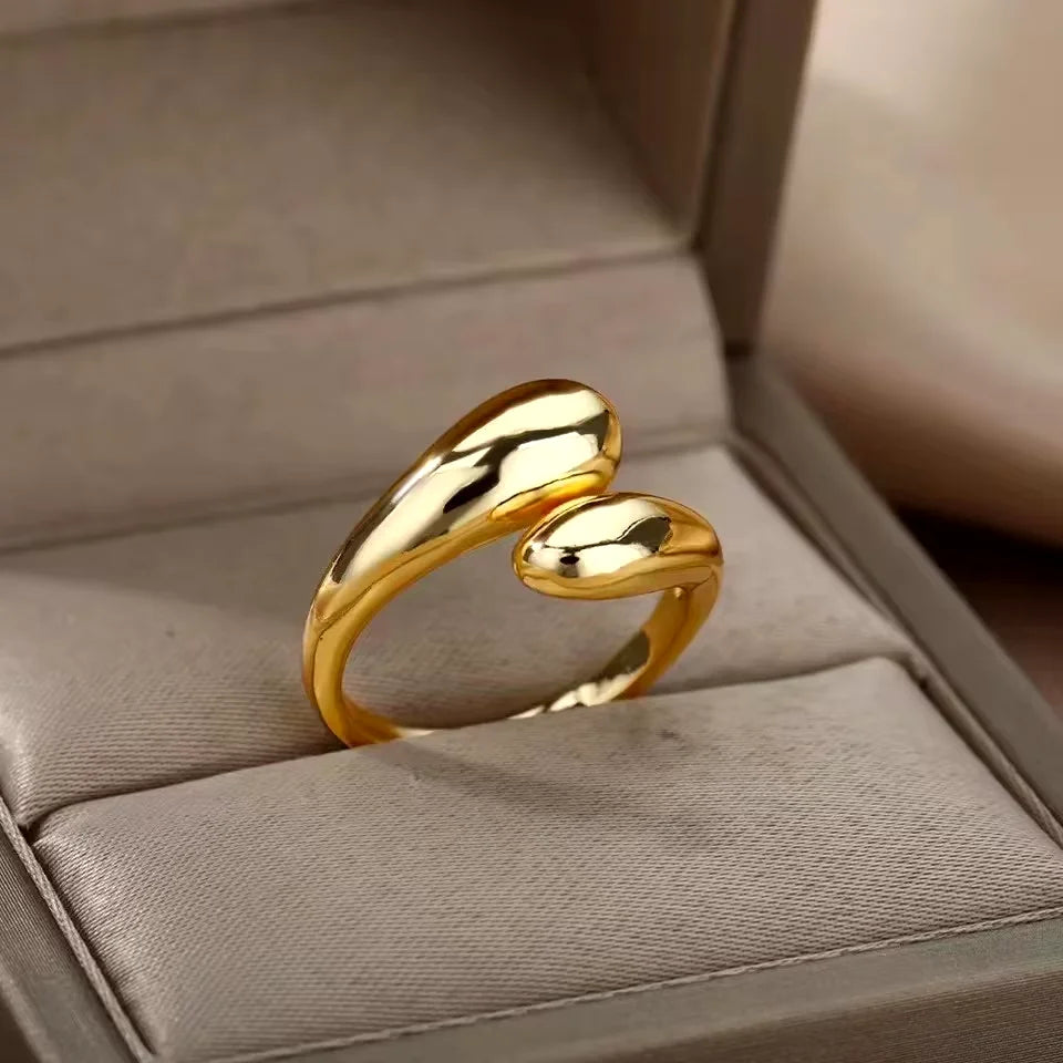 Edelstahl Ring offen mit Doppel Kugeln geometrisch goldfarben Damen Geschenk