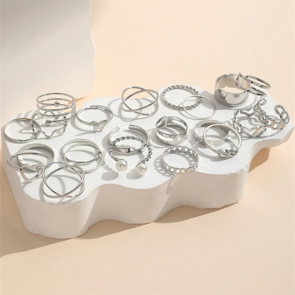 22‑Teile Ring‑Set Modeschmuck Perlen Herz Schmetterling Kreuz Welle Infinity Geometrie