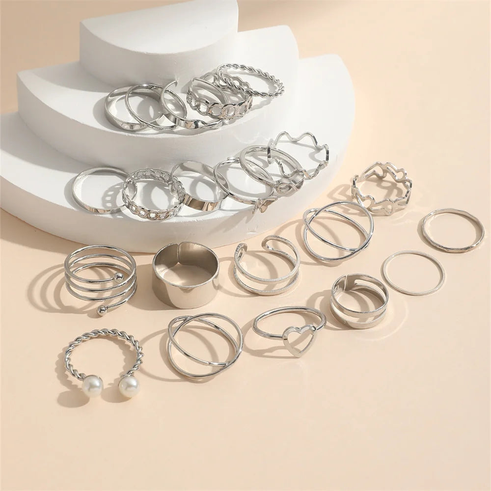 22‑Teile Ring‑Set Modeschmuck Perlen Herz Schmetterling Kreuz Welle Infinity Geometrie