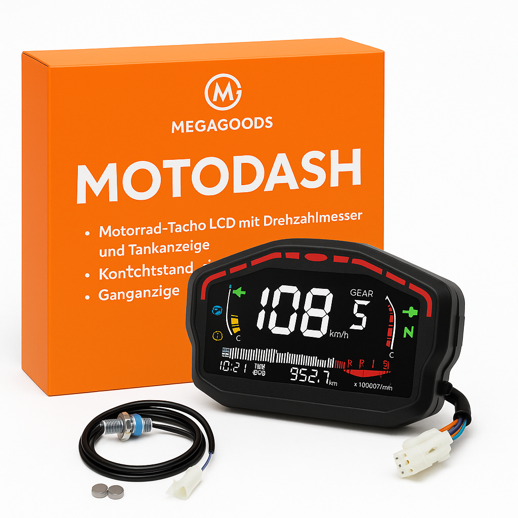 Motorrad-Tacho LCD mit Drehzahlmesser und Tankanzeige DE.