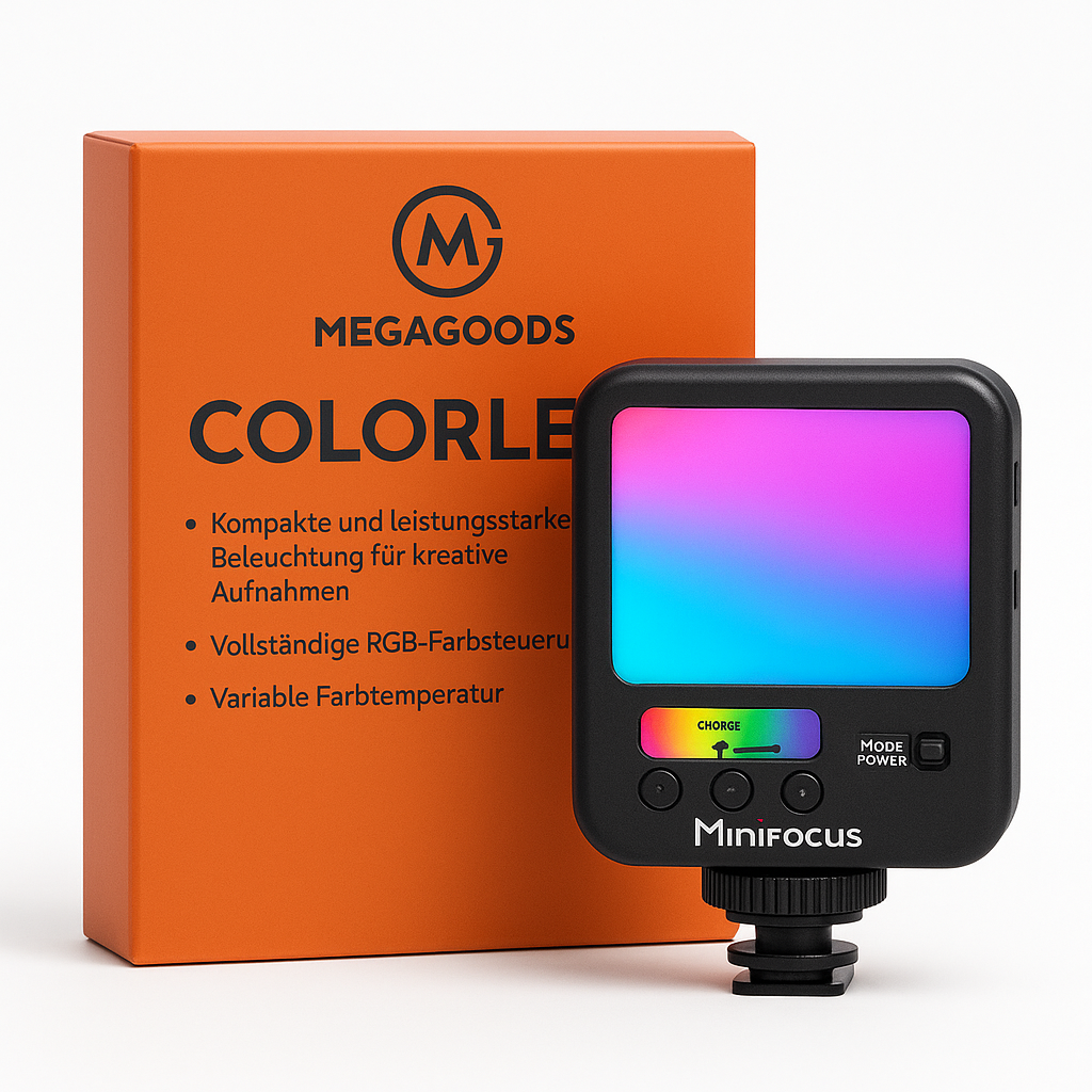 Minifocus RGB LED Videolicht 2500K-7000K 800 LUX mit Akku DE.