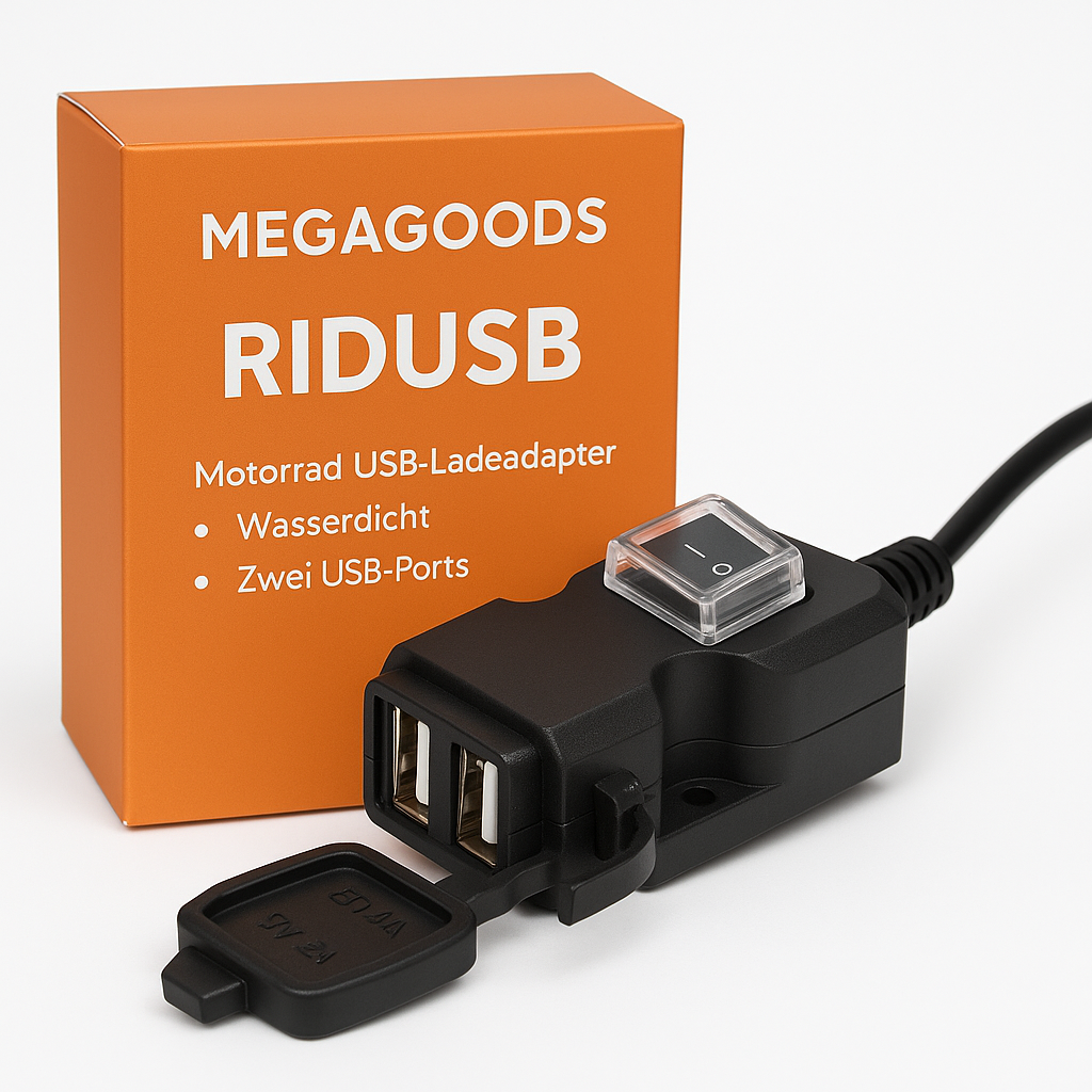 Motorrad USB Ladeadapter 2-Port wasserdicht mit Spiegelhalterung DE.