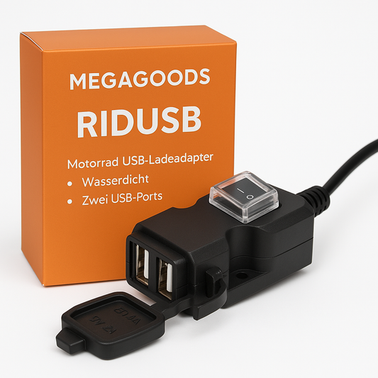 Motorrad USB Ladeadapter 2-Port wasserdicht mit Spiegelhalterung DE.