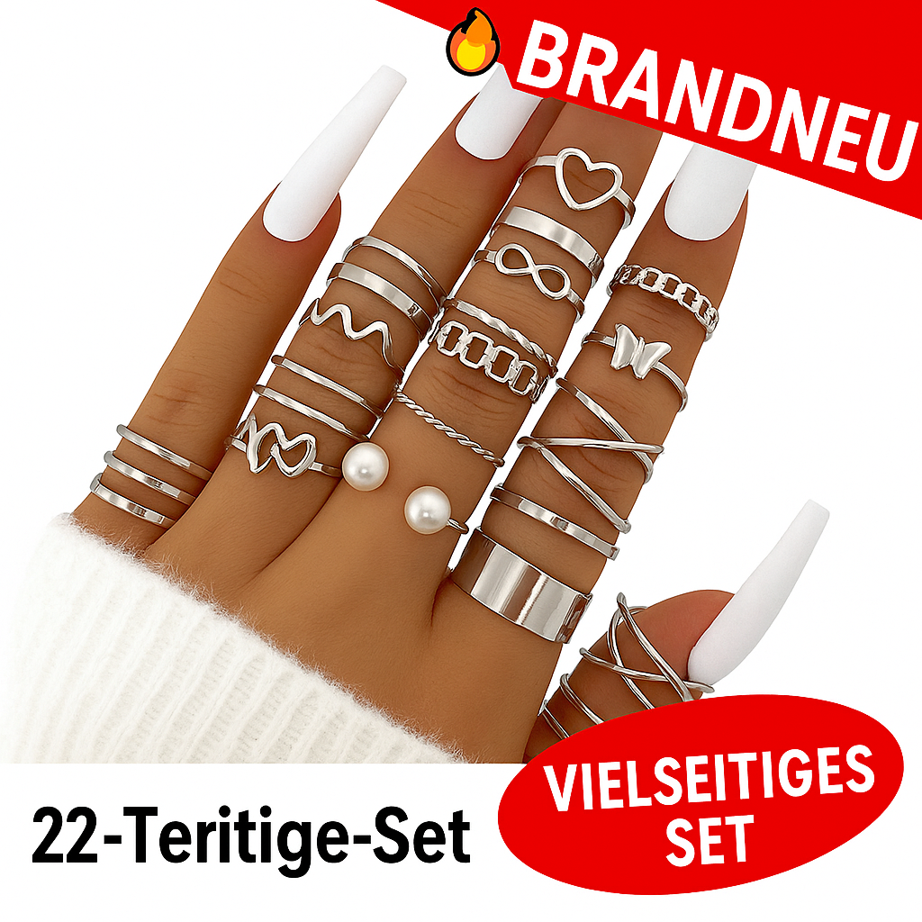 22‑Teile Ring‑Set Modeschmuck Perlen Herz Schmetterling Kreuz Welle Infinity Geometrie