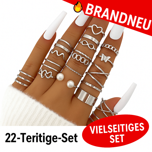 22‑Teile Ring‑Set Modeschmuck Perlen Herz Schmetterling Kreuz Welle Infinity Geometrie