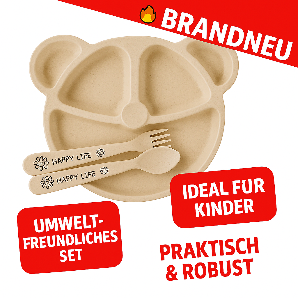 Kinder Geschirr Set 3tlg aus Weizenstroh mit Teller Fächer Besteck Box Camping