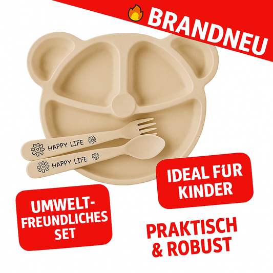 Kinder Geschirr Set 3tlg aus Weizenstroh mit Teller Fächer Besteck Box Camping
