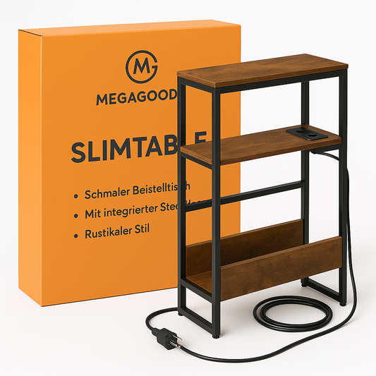 Beistelltisch schmal mit Ladefunktion 3 Ablagen Magazinhalter DE.
