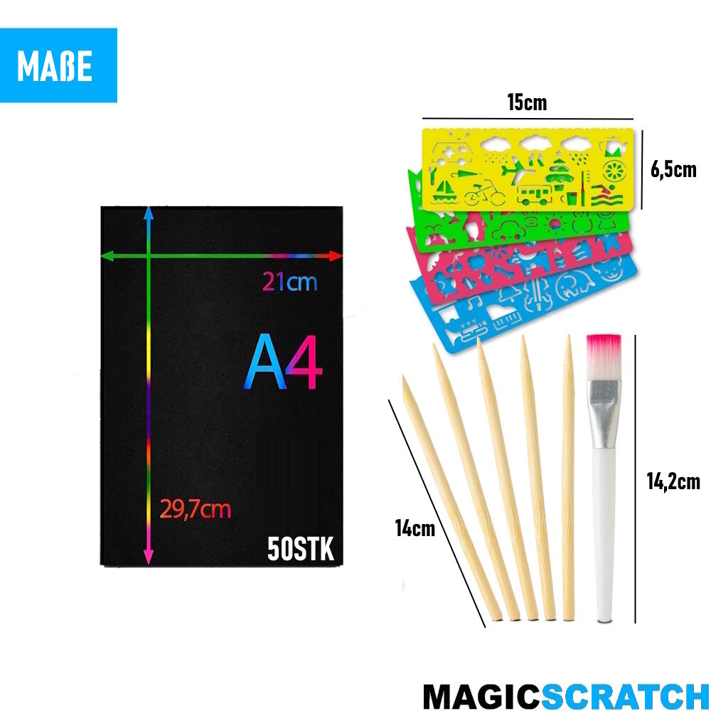 MAGICSCRATCH Kreatives Bastelset 50x Kratzpapier zum Zeichnen & Basteln