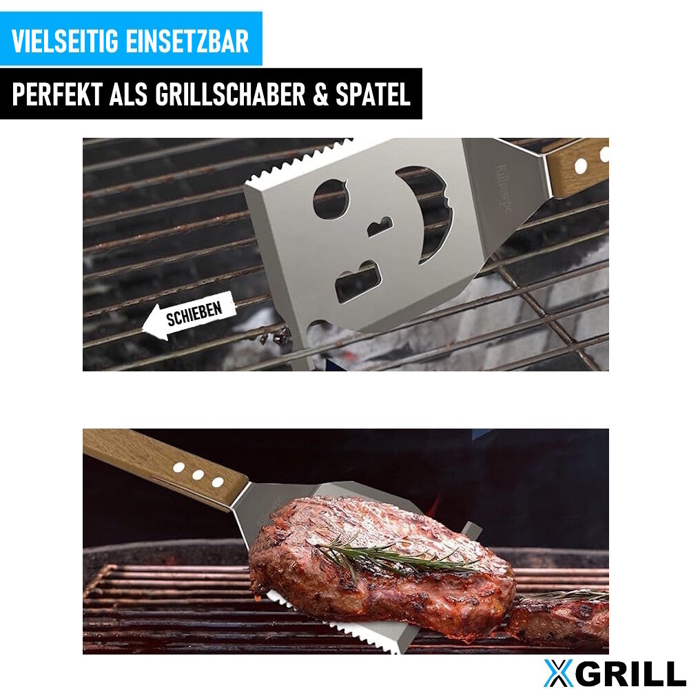 XGRILL 5 in 1 Grillspachtel für Barbecue Multifunktion Grillbesteck Holzgriff