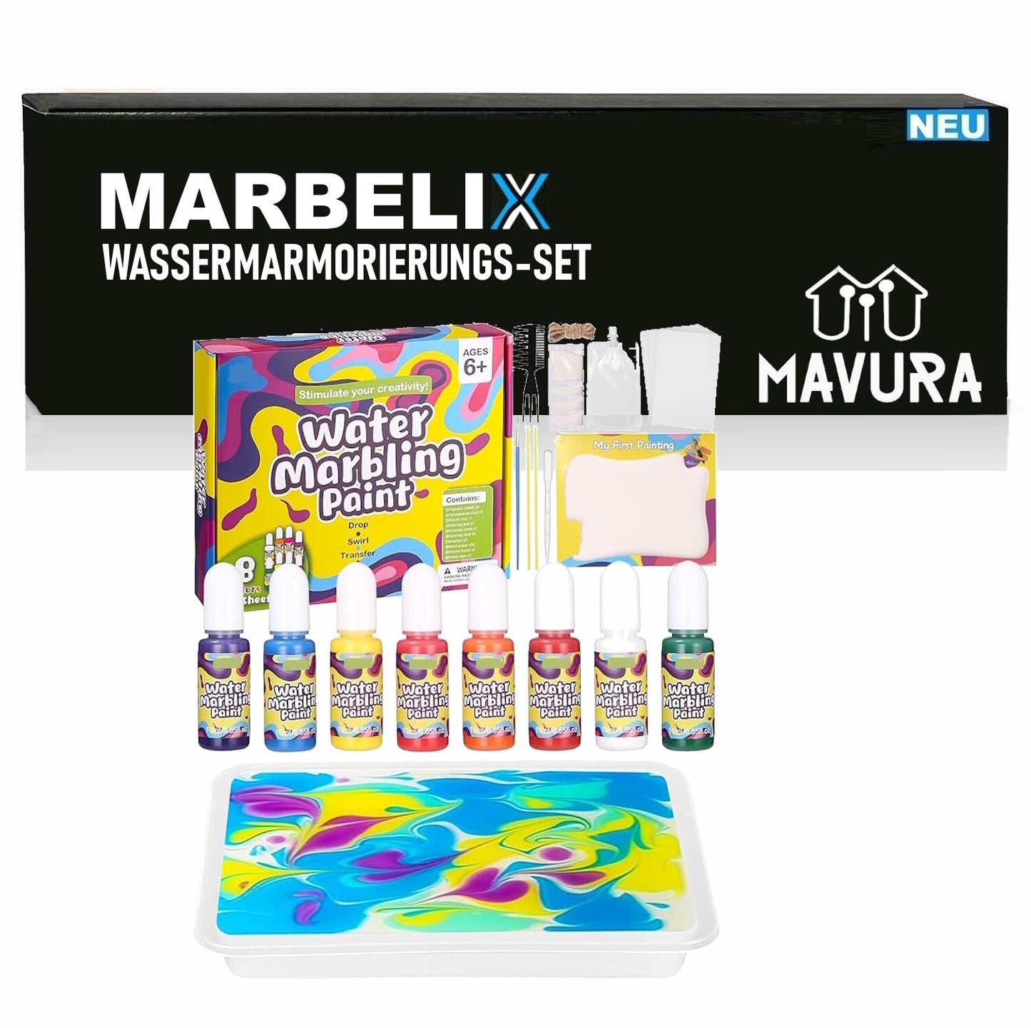 MARBELIX Kreatives Wassermarmorierung Farbe Set Geschenk Malset für Kinder