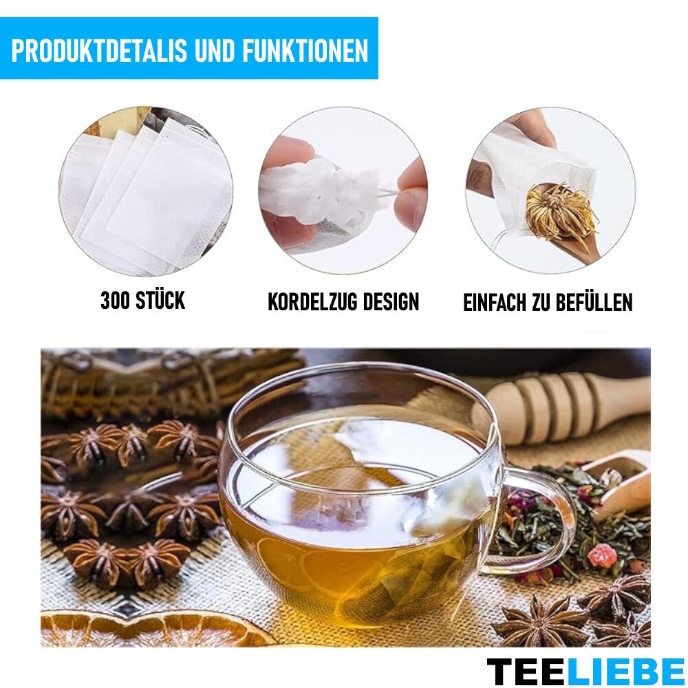 TEELIEBE 300x Teebeutel leer Tee Gewürze Kräuter Teetüten, Beutel Sieb Vlies
