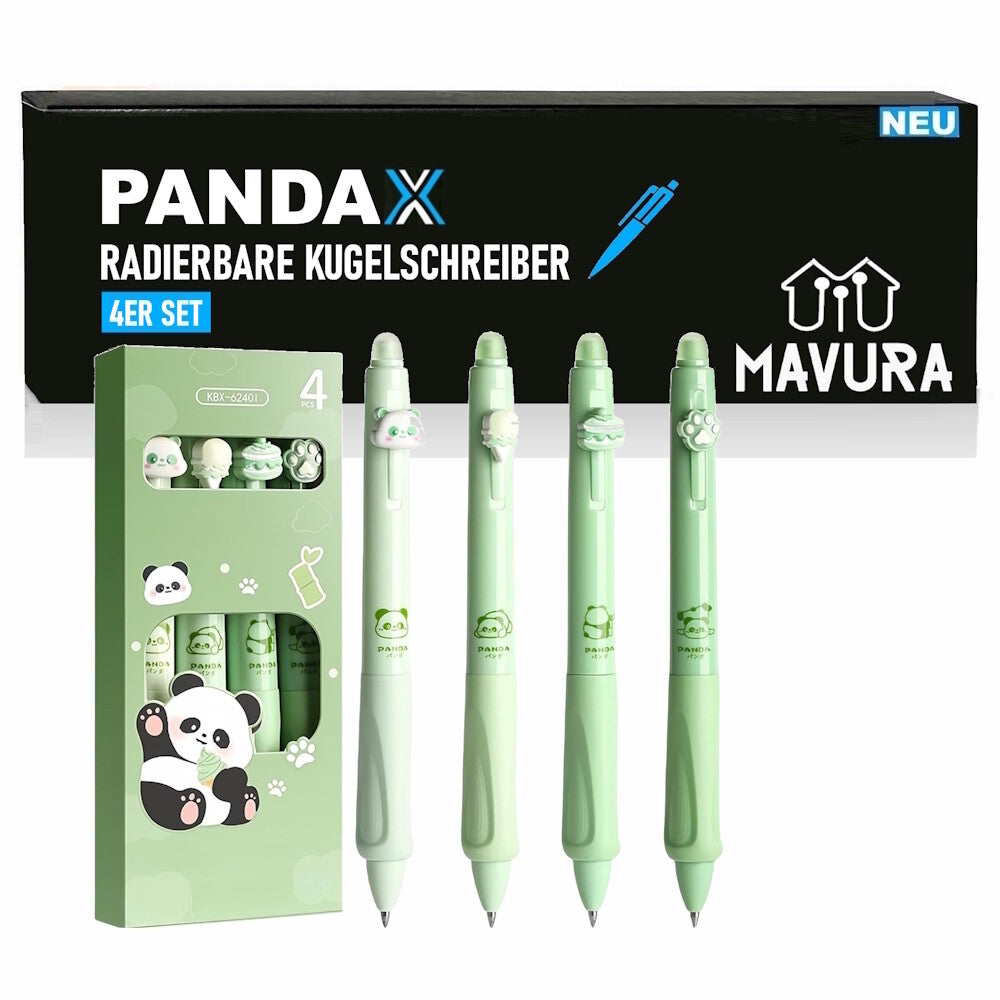PANDAX 4 Stück Radierbare Kugelschreiber in süßer Panda Optik Schreibwaren